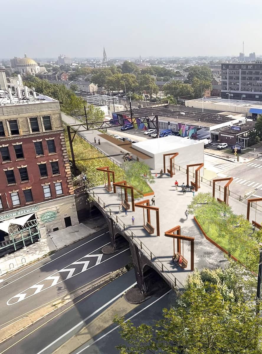 Rail Park phase 2 rendering showing the elevated urban park project with modern design elements, wooden structures, and green spaces. Overlooks city street, blending nature with architecture.